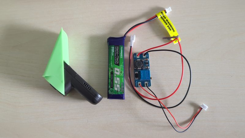Camera, 2S LiPo and boost converter laid out before assembly