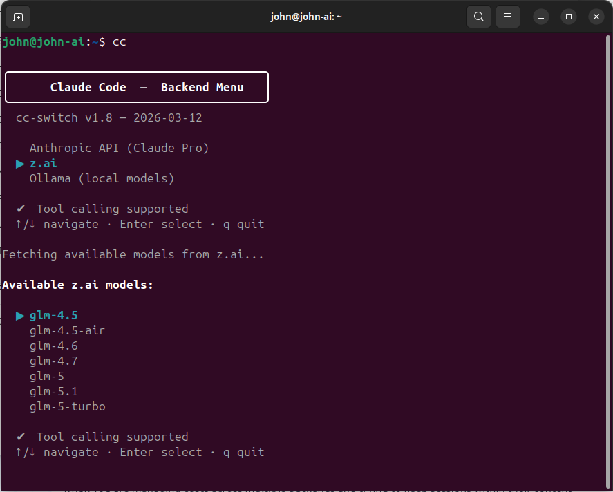 The cc-switch backend and model selection menu
