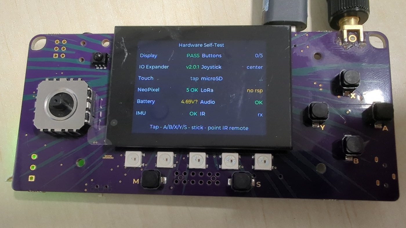 The hardware self-test running on the badge